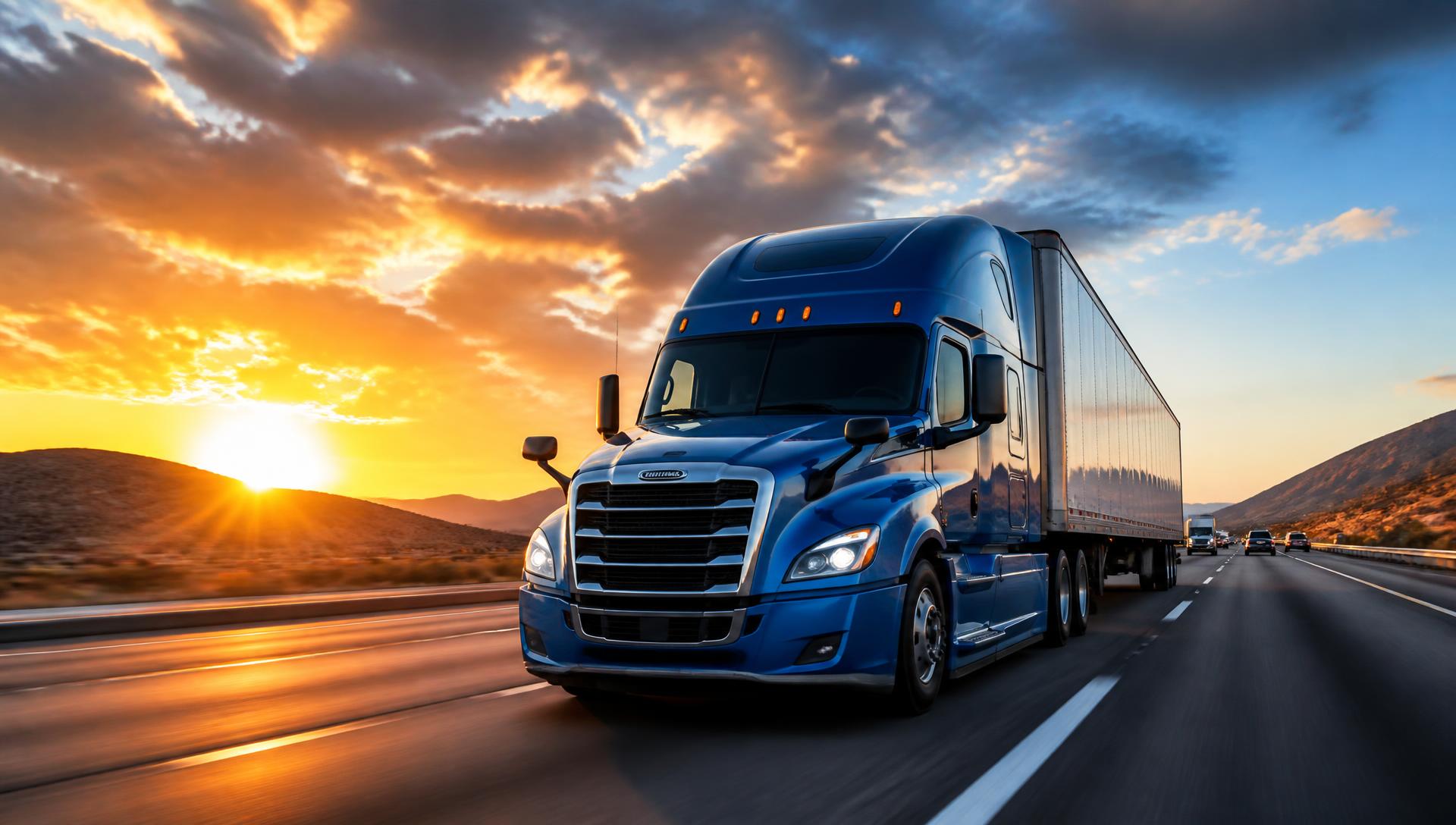 Semi-truck hauling freight on an American interstate highway at sunrise